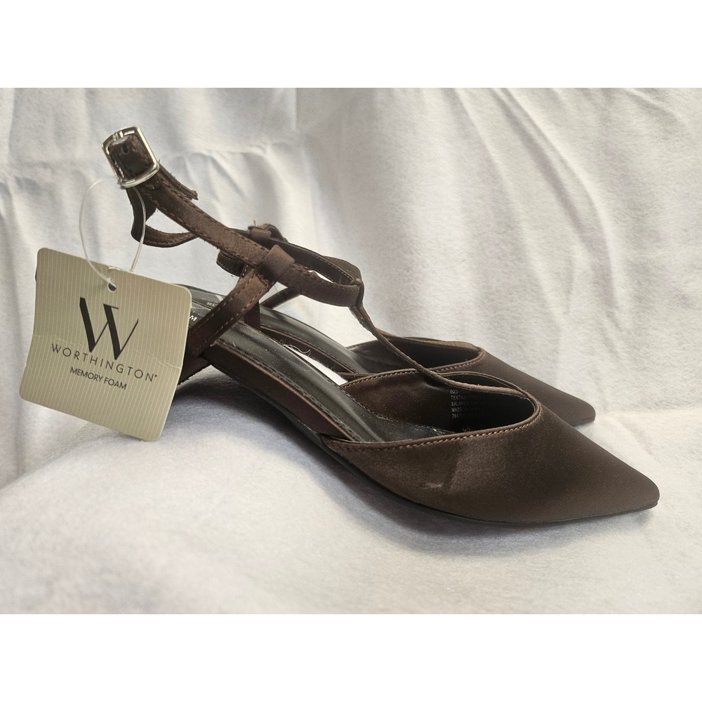 Worthington Rocky Chocolate Brown Satin T-Strap Pointed Toe Kitten Heels 7M
